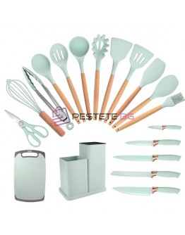 Комплект кухненски прибори от 33 части със стойка, силикон за храна и дърво